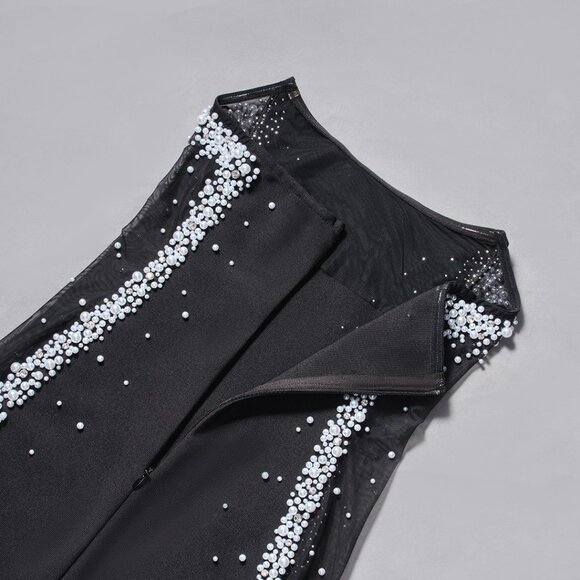 Glamorous Pearl Embellished Black Bandage Midi Dress - Picture 7 of 9